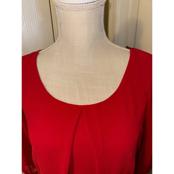 Women's Midi Dress Red Lace Lined Size M Chiffon‎ 3/4 Sleeve Stretch Pullover - Picture 4 of 6